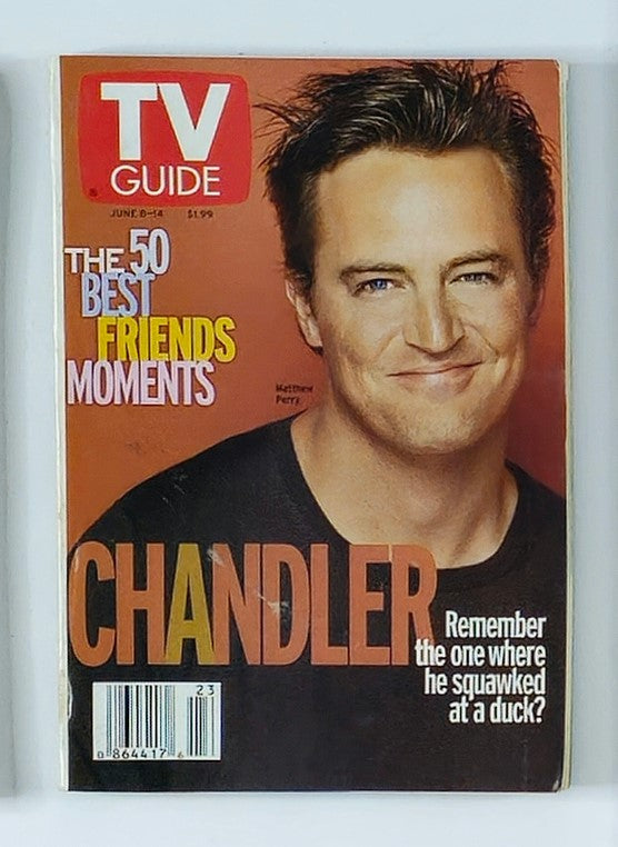 TV Guide Magazine cover from June 8, 2002, featuring Matthew Perry as Chandler Bing, highlighting the 50 Best Friends Moments with a vibrant portrait of the actor.