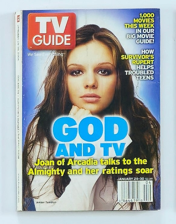 TV Guide Magazine cover from January 24, 2004, featuring Amber Tamblyn, with the headline 'GOD AND TV' highlighting the show 'Joan of Arcadia'.