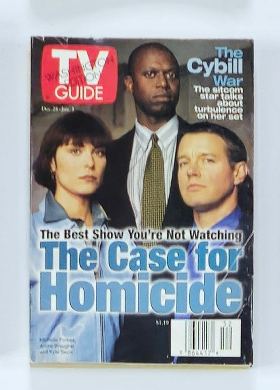 TV Guide Magazine cover from December 28, 1996, featuring an article on 'The Case for Homicide' with a trio of actors prominently displayed, capturing the essence of late 90s television culture.