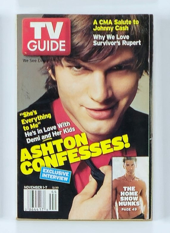 TV Guide Magazine November 1, 2003 featuring Ashton Kutcher on the cover, showcasing an exclusive interview titled 'Ashton Confesses!' alongside a preview of 'The Home Show Hunks'.