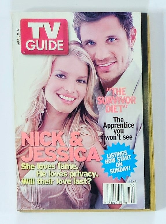 TV Guide Magazine cover from April 11, 2004, featuring Nick Lachey and Jessica Simpson. Title reads 'NICK & JESSICA'. The issue explores their celebrity status during the early 2000s and includes articles about their lives and impact on reality TV.