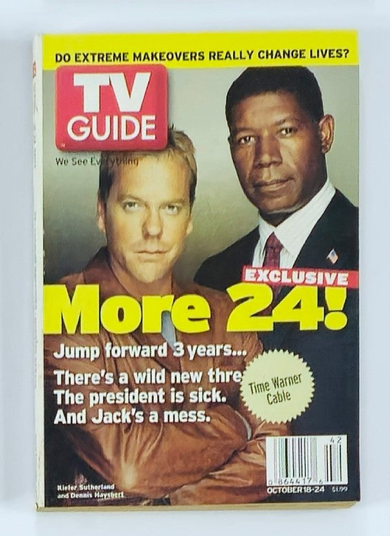 TV Guide Magazine October 18, 2003 featuring Kiefer Sutherland on the cover, highlighting exclusive content about '24' and depicting a dramatic TV moment.
