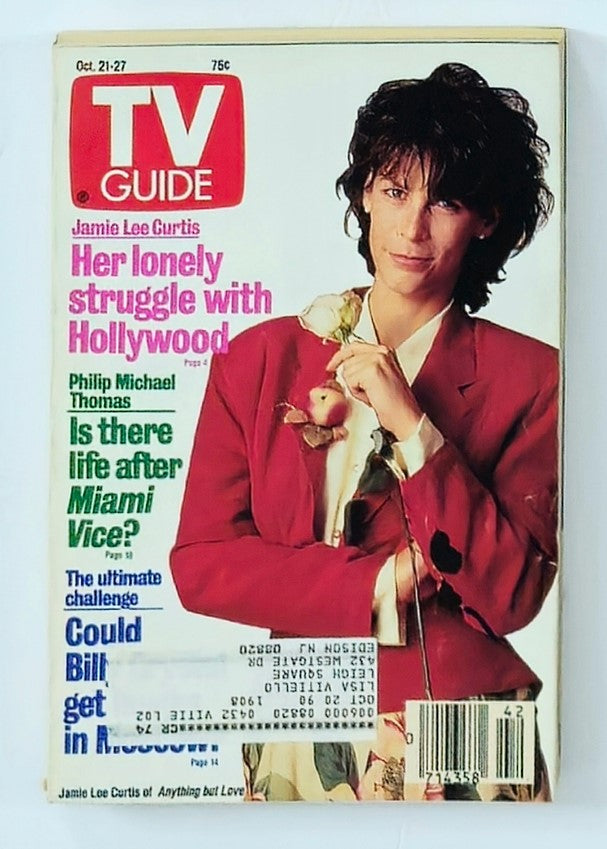 TV Guide Magazine cover from October 21, 1989 featuring Jamie Lee Curtis, highlighting her article 'Her lonely struggle with Hollywood', and showcasing other popular topics and TV shows from the late 1980s.