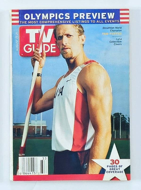 Cover of TV Guide Magazine from August 15, 2004, featuring Tom Pappas, Western NY State edition. The magazine highlights Olympics preview and showcases the Decathlon World Champion with a patriotic theme.