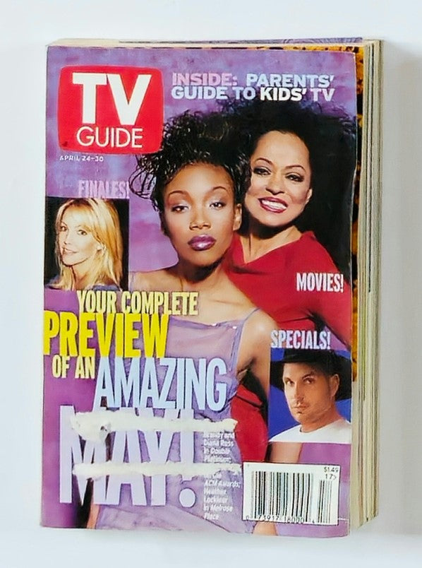 Cover of TV Guide Magazine dated April 24, 1999, featuring Brandy, Diana Ross, and Garth Brooks, highlighting the theme of upcoming TV specials and movies.