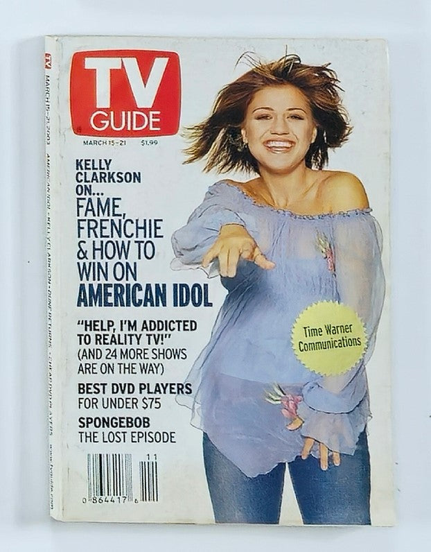 TV Guide Magazine March 15, 2003 featuring Kelly Clarkson on the cover, showcasing her iconic look and celebrating her rise to fame as the first winner of American Idol. The magazine highlights early 2000s pop culture with articles about television and entertainment.