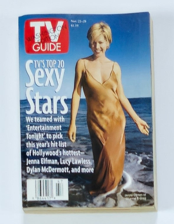 TV Guide Magazine, November 22, 1997, featuring Jenna Elfman on the cover, highlighting the theme 'TV's Top 20 Sexy Stars' with a beach background.