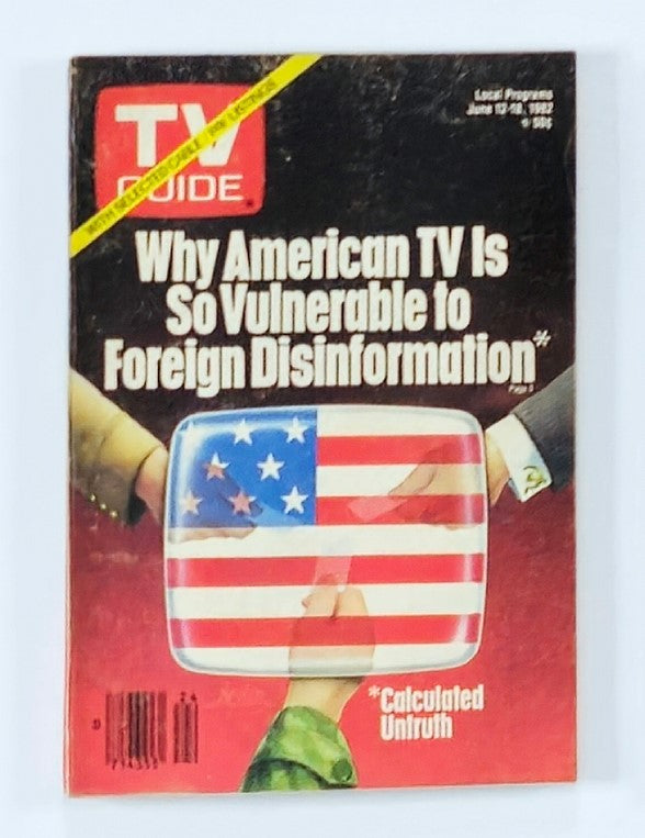 TV Guide Magazine dated June 12, 1982, featuring the cover story 'Why American TV Is So Vulnerable to Foreign Disinformation,' showcasing an image of a television set with an American flag, highlighting media influence in the early 1980s.