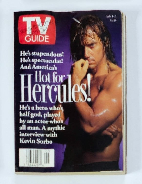 TV Guide Magazine February 1 1997 cover featuring Kevin Sorbo, highlighting his iconic role in 'Hercules: The Legendary Journeys'. The magazine showcases a striking image of Sorbo, promoting a mythic interview and discussing his influence on 90s pop culture.