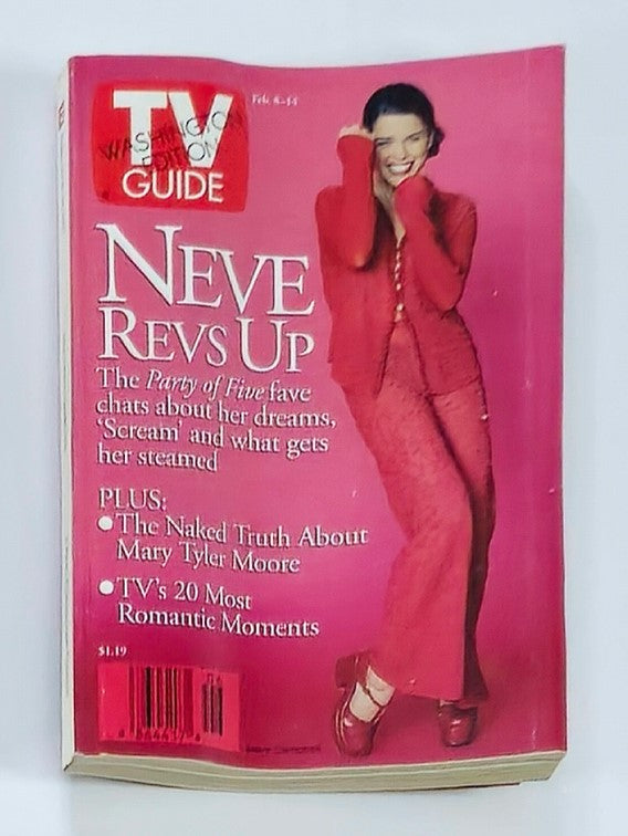 Cover of TV Guide Magazine from February 8, 1997 featuring Neve Campbell in a striking red outfit, promoting her interview about Party of Five and Scream.