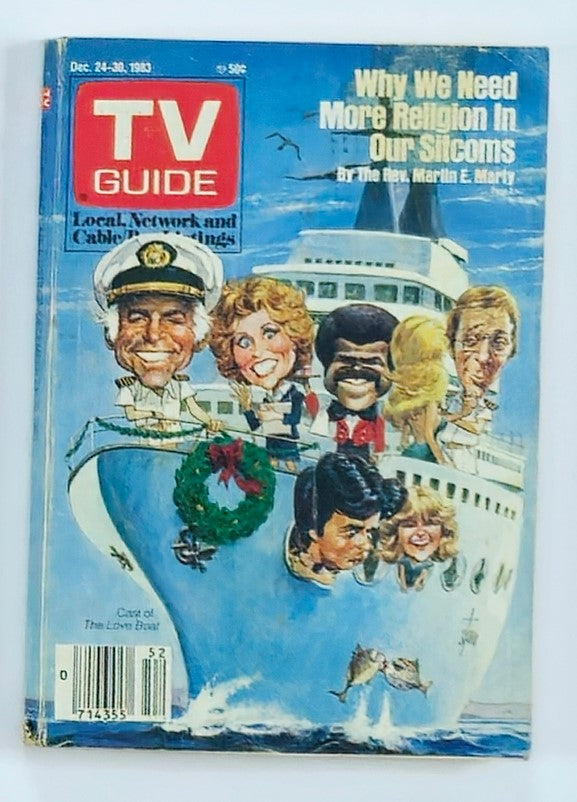 Cover of TV Guide Magazine December 24, 1983, featuring The Love Boat cast with humorous illustrations. The magazine showcases the festive theme and highlights from the iconic television series.