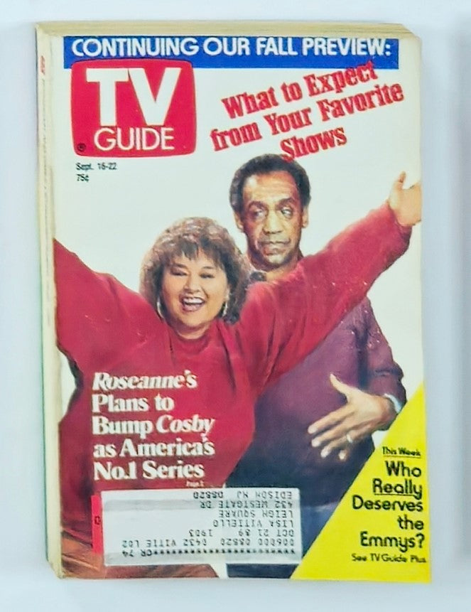 TV Guide Magazine from September 16, 1989 featuring Roseanne Barr and Bill Cosby on the cover. This collectible issue highlights 'Roseanne's Plans to Bump Cosby as America's No. 1 Series' along with a fall preview of popular television shows.