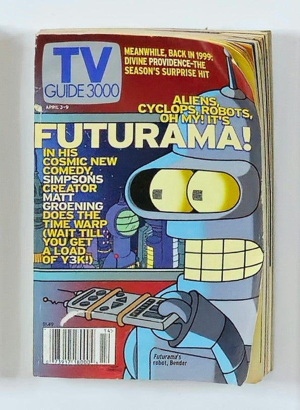 TV Guide Magazine April 3, 1999 featuring Futurama's Bender on the cover, showcasing the iconic robot with humorous captions about the animated series and its popularity in the late 90s.