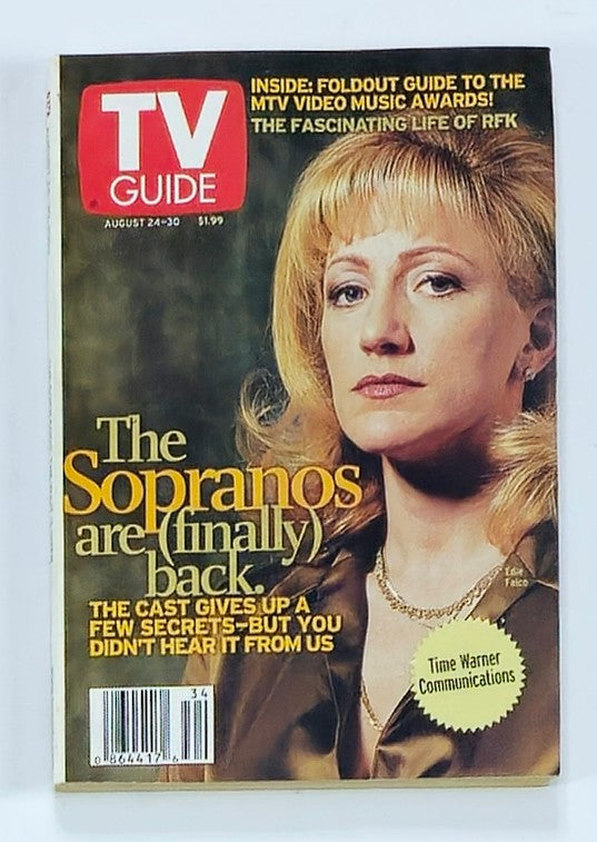 Cover of TV Guide Magazine from August 24, 2002, featuring Edie Falco, known for her role in 'The Sopranos.' The magazine highlights television history and culture of the early 2000s.