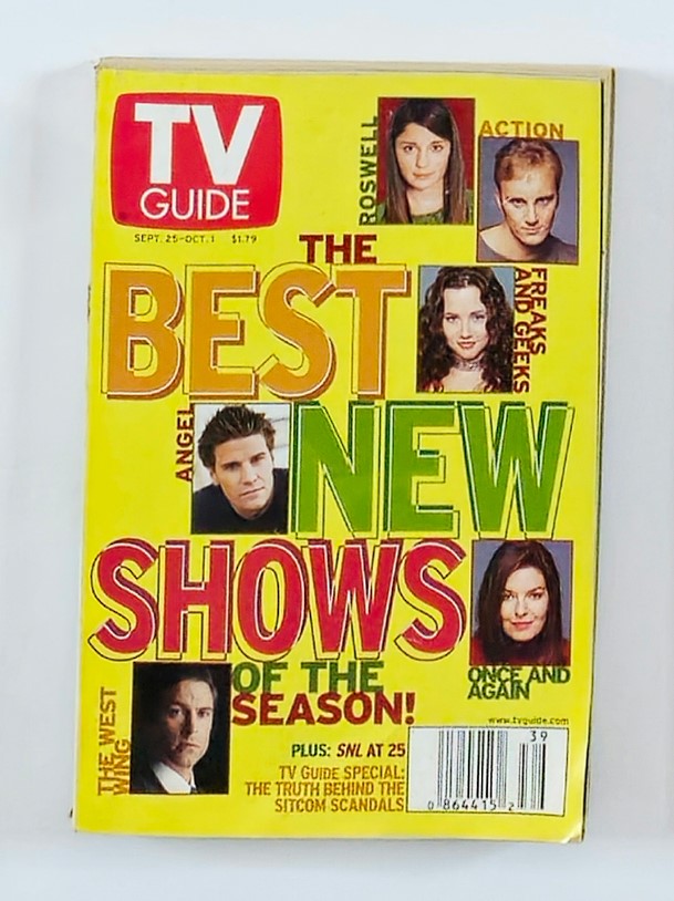 Cover of TV Guide Magazine September 25, 1999 titled 'The Best New Shows.' Features vibrant yellow background with images of actors from shows like Roswell, Action, Freaks and Geeks, Angel, and Once and Again. Highlights popular TV shows from the late 90s, making it a collectible item for vintage magazine enthusiasts.