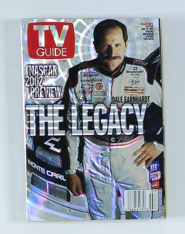 TV Guide Magazine February 16, 2002 edition featuring Dale Earnhardt on the cover, showcasing the theme 'THE LEGACY' with NASCAR and racing highlights.