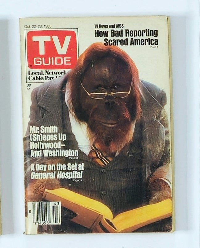 TV Guide Magazine from October 22, 1983, featuring the cover art of 'Mr. Smith' with a gorilla dressed in a business suit and glasses, showcasing a unique blend of political drama and humor.