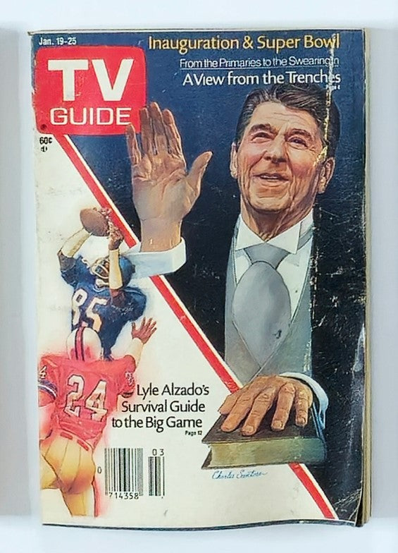Cover of TV Guide Magazine dated January 19, 1985, featuring a painted illustration of Ronald Reagan alongside football players, highlighting topics such as the inauguration and the Super Bowl.