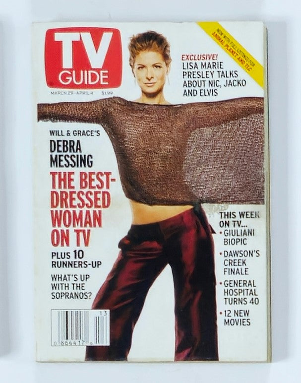 Cover of TV Guide Magazine from March 29, 2003 featuring Debra Messing, titled 'The Best-Dressed Woman on TV'; includes highlights of TV shows and articles from early 2000s.