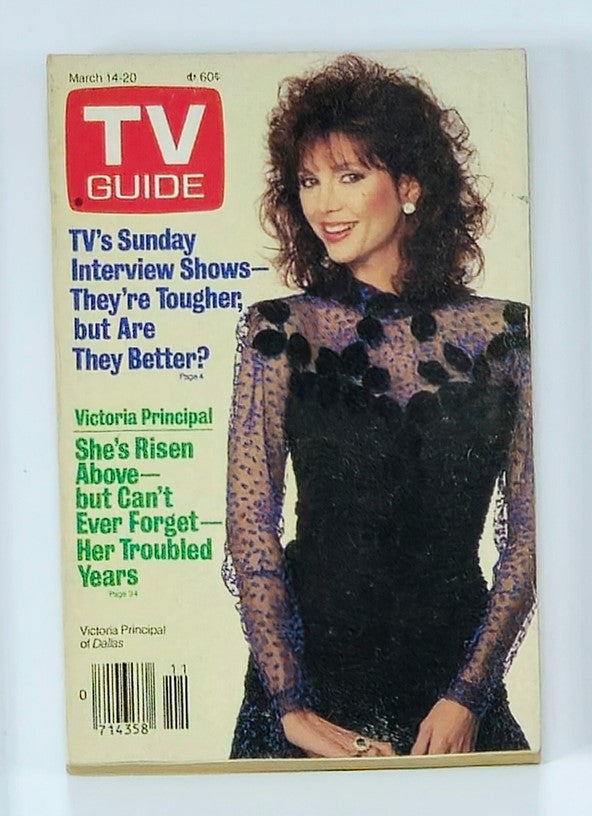 TV Guide Magazine March 14 1987 featuring Victoria Principal on the cover, showcasing a vintage style with the headline on television interview shows. This collectible magazine captures the essence of 1980s television and highlights iconic shows.
