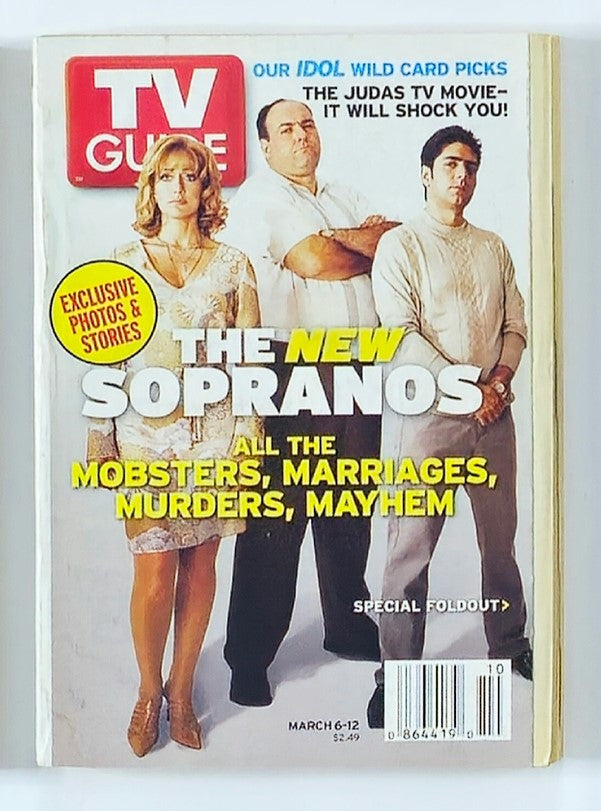 TV Guide Magazine March 6 2004 featuring The Sopranos; cover illustration showing three main characters, showcasing exclusive photos and stories, emphasizing the show's themes of mobsters and mayhem.