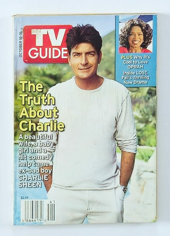 TV Guide Magazine from October 10, 2004 featuring Charlie Sheen on the cover, highlighting articles on his life and career, along with other pop culture content from the era.