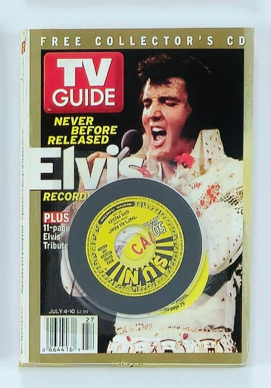 TV Guide Magazine from July 4, 2004 featuring Elvis Presley on the cover, showcasing a moment in music history with an attached collector's CD.