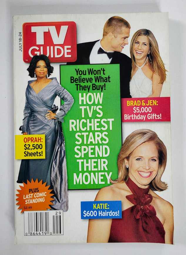 Cover of TV Guide Magazine July 18, 2004 featuring Oprah Winfrey in a stylish gown alongside pictures of other celebrities, highlighting topics like celebrity spending and birthday gifts.