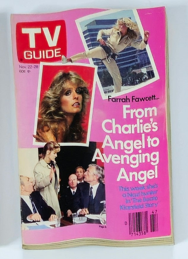 TV Guide Magazine from November 22, 1986 featuring Farrah Fawcett on the cover. The magazine highlights her transition from Charlie's Angel to Avenging Angel, showcasing a vibrant pink cover design and classic TV imagery.