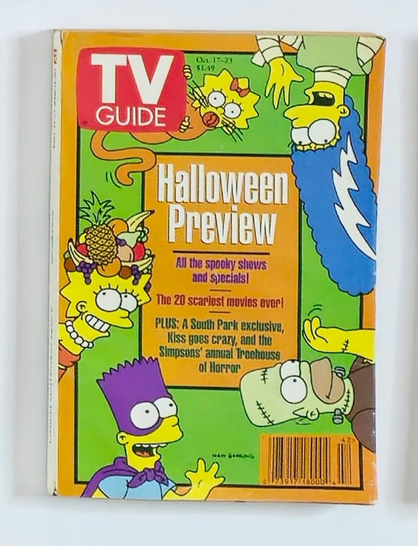 TV Guide Magazine from October 17, 1998 featuring the Halloween Preview issue with characters from The Simpsons including Bart, Homer, and Lisa. The magazine highlights spooky shows and specials, celebrating the iconic animated sitcom in its peak popularity.