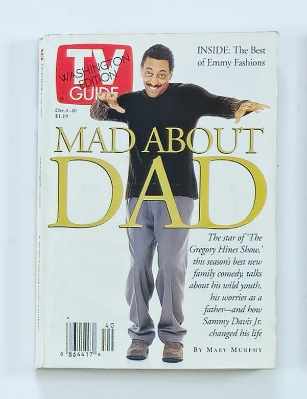 Cover of TV Guide Magazine October 4, 1997 featuring Gregory Hines, titled 'Mad About Dad'. The cover highlights the star of 'The Gregory Hines Show' and includes a promotional image of Hines smiling while standing. The magazine offers insights into Emmy fashions and relates to Hines' experiences as a father.