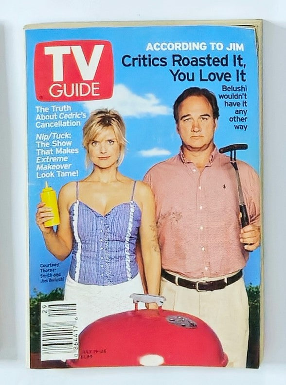 TV Guide Magazine from July 19, 2003 featuring Courtney Thorne-Smith and a co-star on the cover, promoting the show 'According to Jim', showcasing vintage television history.