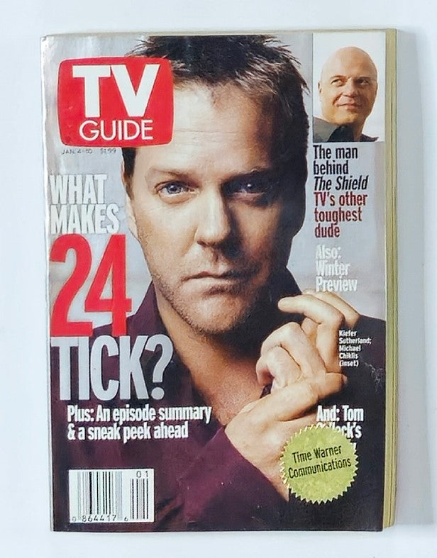 TV Guide Magazine January 4 2003 featuring Kiefer Sutherland on the cover. Captures a close-up of Kiefer Sutherland with a serious expression, highlighting the theme of the issue focusing on the TV series *24*. This magazine is a collectible piece reflecting the entertainment landscape of the early 2000s.