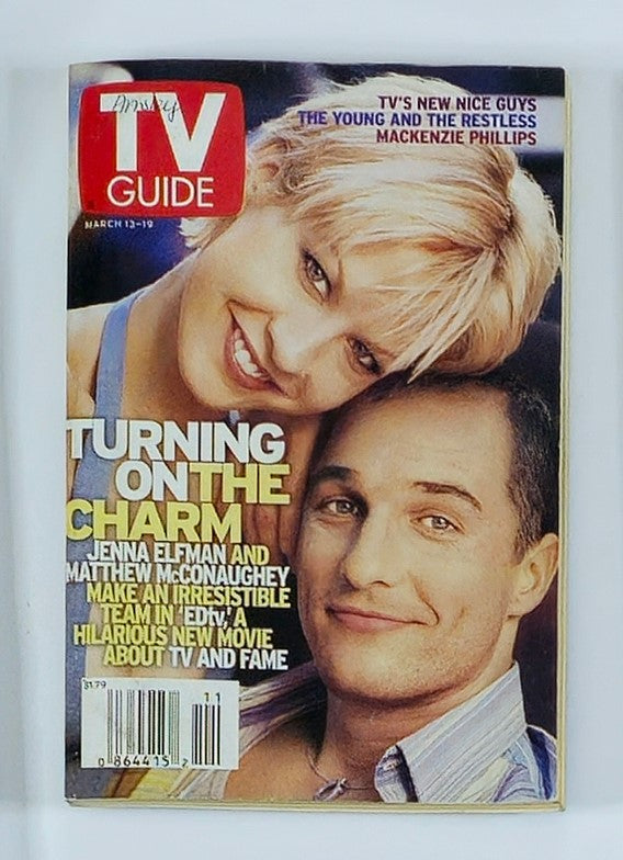 TV Guide Magazine March 13 1999 featuring Jenna Elfman and Matthew McConaughey on the cover, highlighting articles about television shows and their new movie, showcasing vintage celebrity culture from the late '90s.