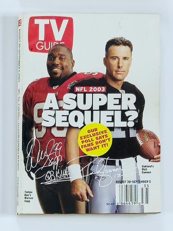 TV Guide Magazine August 30, 2003, featuring NFL stars Warren Sapp and Rich Gannon on the cover with the headline 'NFL 2003 A Super Sequel?'. This vintage collectible magazine reflects early 2000s football culture.