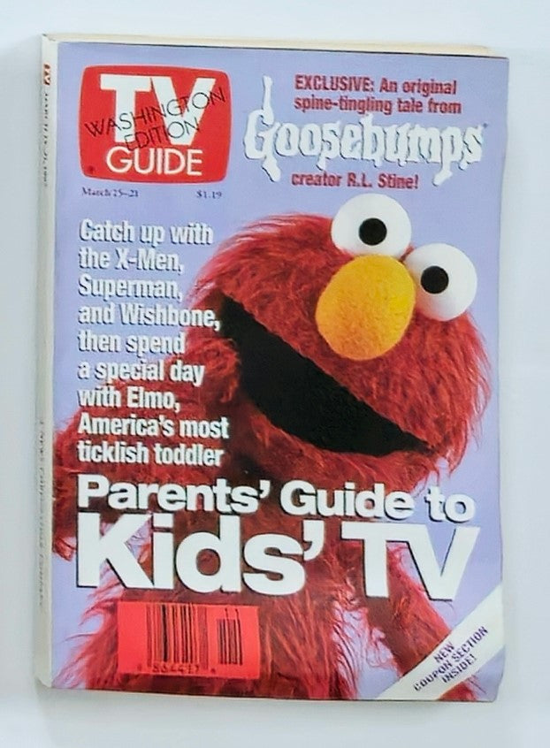 TV Guide Magazine March 15 1997 featuring Elmo from Sesame Street and Goosebumps, showcasing a vibrant cover with Elmo's playful character and promotional text about children's television programs.