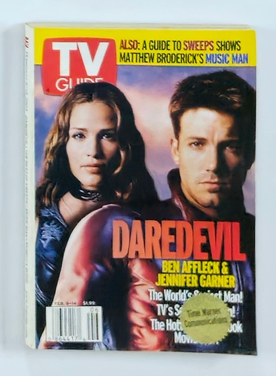 TV Guide Magazine February 8, 2003 featuring Jennifer Garner and Ben Affleck on the cover, promoting the movie 'Daredevil'. A collectible vintage magazine showcasing early 2000s pop culture.