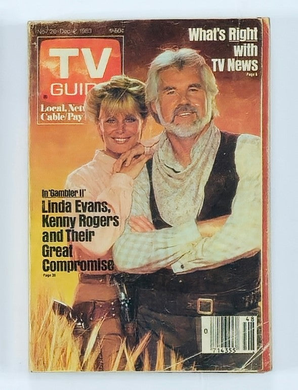 TV Guide Magazine November 26, 1983 featuring Linda Evans and Kenny Rogers on the cover. This vintage magazine showcases the iconic actors and highlights their role in 'Gambler II' as well as other television programming of the era. Perfect for collectors of nostalgic pop culture memorabilia.
