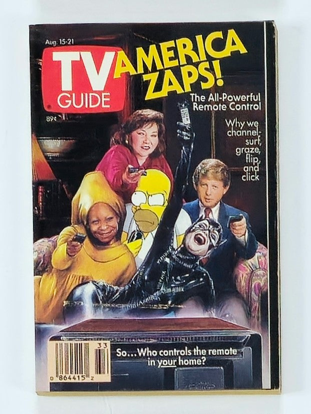 TV Guide Magazine cover from August 15, 1992 featuring Roseanne Barr and Whoopi Goldberg, showcasing a humorous depiction of iconic TV characters including Homer Simpson and behind-the-scenes commentary on television viewing habits.