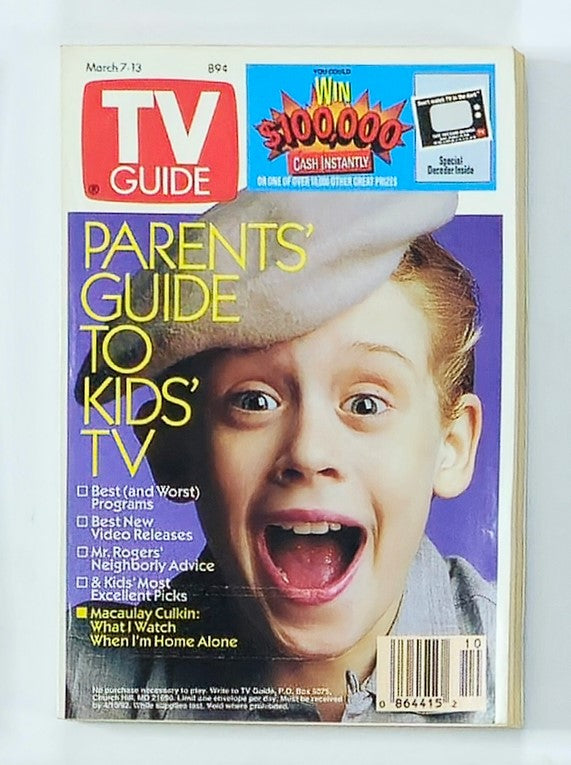 TV Guide Magazine from March 7, 1992 featuring Macaulay Culkin in Home Alone on the cover, alongside highlights such as 'Parents' Guide to Kids' TV', special features, and listings from the early '90s.