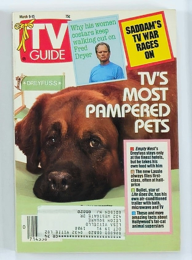 TV Guide Magazine March 9 1991 featuring Canine Superstar Dreyfuss on the cover, highlighting nostalgic television history and pop culture from the 90s.