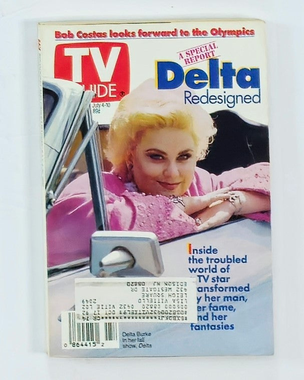 Cover of TV Guide Magazine July 4, 1992 featuring Delta Burke, showcasing her role as a significant TV star with a redesigned New York Metro edition. The cover highlights Delta Burke in a stylish outfit, sitting in a car, reflecting the pop culture of the early '90s.