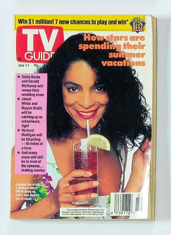 TV Guide Magazine June 1 1991 featuring Jasmine Guy of A Different World, showcasing her in a vibrant cover image with a drink, highlighting summer vacations in entertainment.