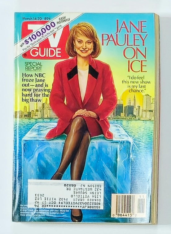 TV Guide Magazine March 14 1992 featuring Jane Pauley on Ice, showcasing a vintage cover image with Jane Pauley dressed in a red blazer, sitting on an ice block with city skyline in the background. Ideal for collectors of vintage magazines.