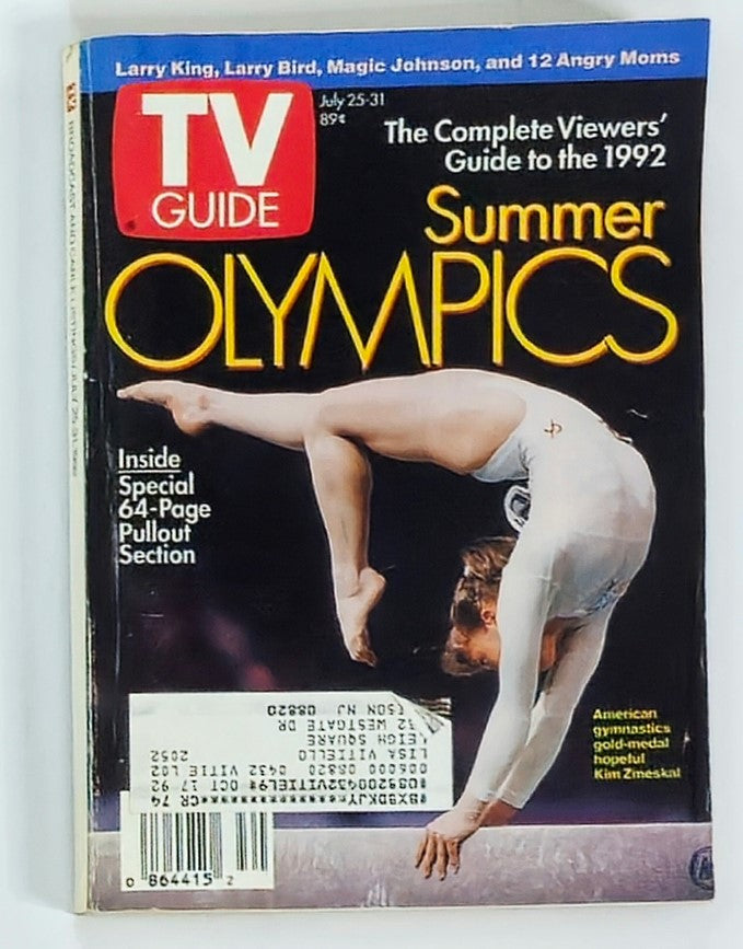 Cover of TV Guide Magazine dated July 25, 1992, featuring American gymnast Kim Zmeskal, highlighting the Summer Olympics with a bold title. The magazine showcases a gymnast's elegant pose, emphasizing gymnastics during the early '90s.
