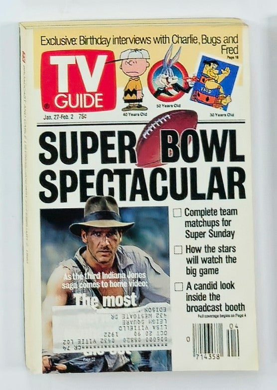 TV Guide Magazine January 27 1990 cover featuring Harrison Ford as Indiana Jones, highlighting the Super Bowl Spectacular and popular films of the late 1980s.