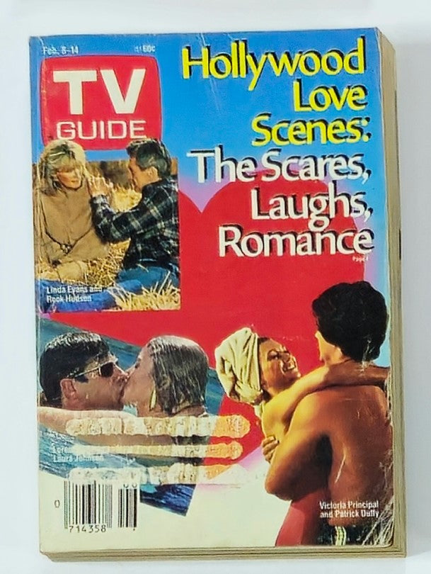 TV Guide Magazine February 8 1986 featuring Victoria Principal and Patrick Duffy on the cover, highlighting Hollywood love scenes from the 1980s, with colorful graphics and images of iconic television actors.