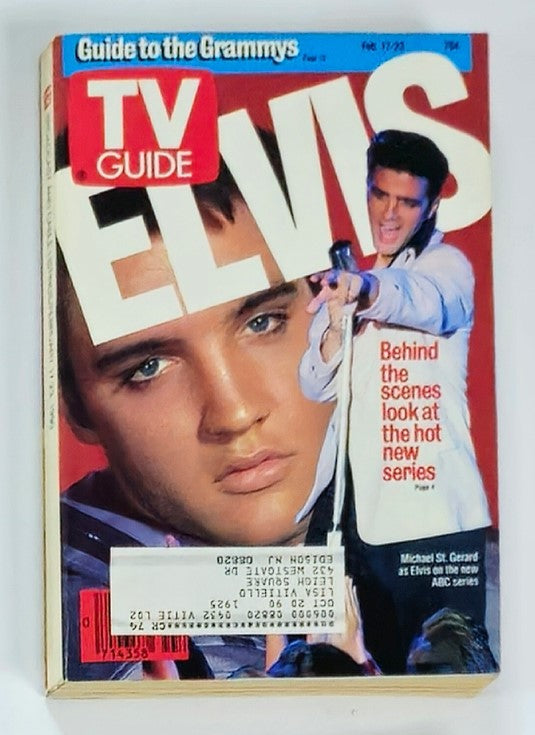 TV Guide Magazine February 17 1990 featuring Michael St. Gerard as Elvis. The cover showcases a close-up of Elvis's face alongside an image of him performing. This issue highlights the cultural significance of Elvis and serves as a collectible piece for pop culture enthusiasts.