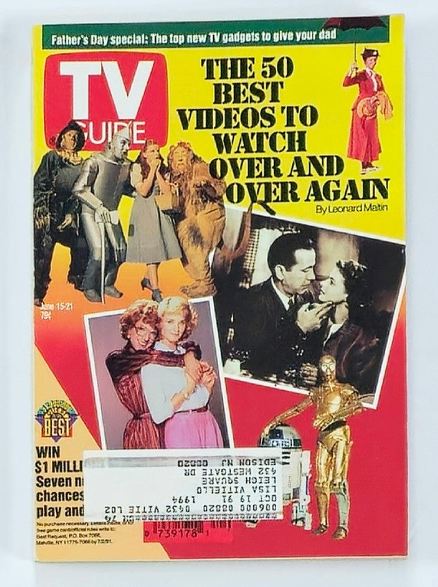 Front cover of TV Guide Magazine June 15, 1991 featuring the article 'The 50 Best Videos To Watch Over Again' by Leonard Maltin, showcasing iconic scenes from classic films and TV shows including characters from Star Wars and classic sitcoms.