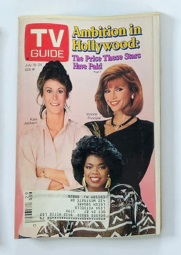 Cover of TV Guide Magazine July 18, 1987 featuring stars Kate Jackson and Victoria Principal alongside Oprah Winfrey. This vintage magazine highlights the theme 'Ambition in Hollywood: The Price These Stars Have Paid' and is a collectible piece of television history.
